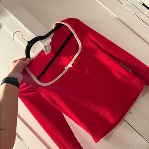 gaze Red Ribbed Long-Sleeve Top with Cream Trim